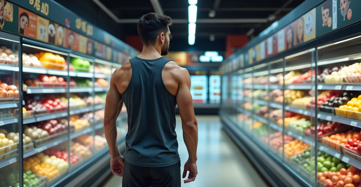 Man in a tank top standing in a grocery store aisle filled with produce.