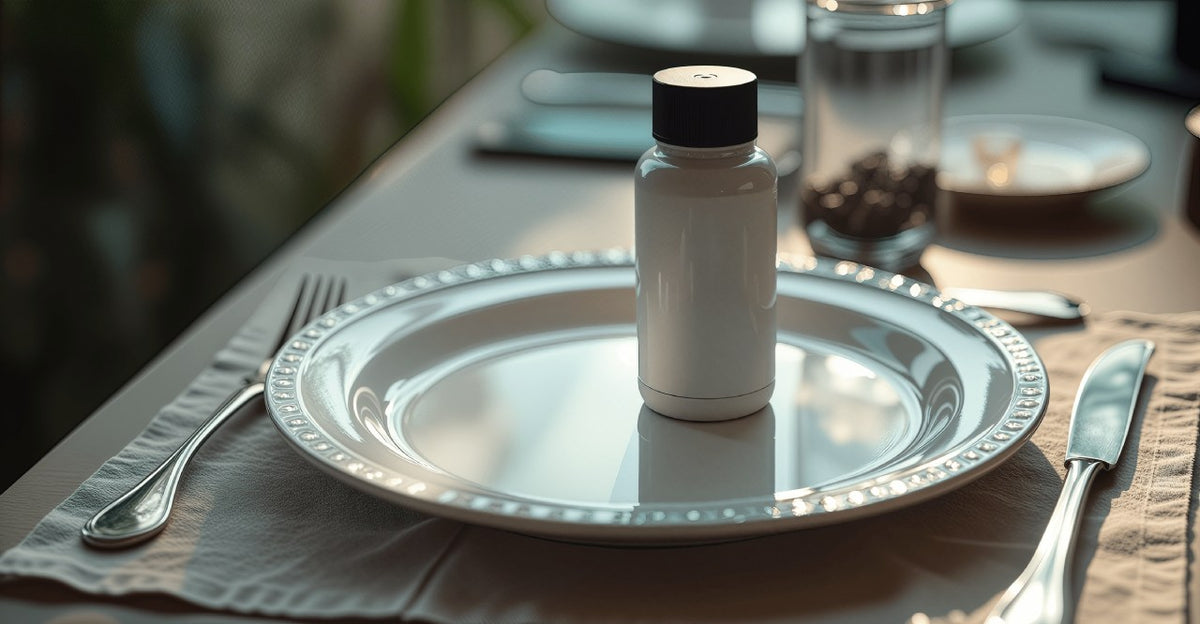 A white bottle on a plate at a dining table.