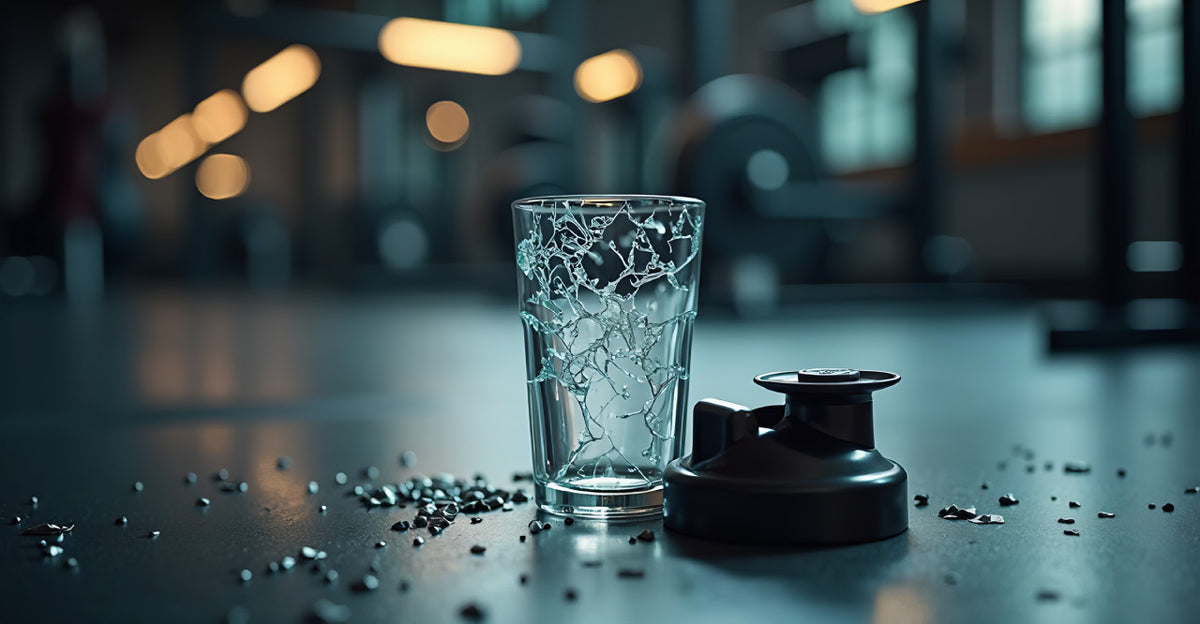 A glass and a bottle cap on a gym floor.