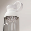 PROMIXX Ecozen Hybrid water bottle in Ceramic White / Cool Gray, translucent BPA-free Ecozen body, close-up of the lid and neck, showing the carry loop and perforated dome mixing agitator inside.