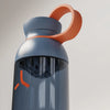 PROMIXX Ecozen Hybrid water bottle in Midnight Blue, translucent BPA-free Ecozen body, close-up of the lid and neck, showing the carry loop and perforated dome mixing agitator inside.